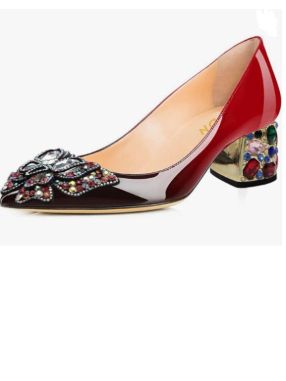 YDN Black/Red Pointed Toe Bow Colorful Rhinestone Block Low Heel Butterfly Pumps